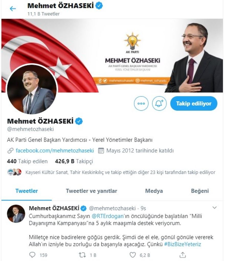 Mehmet Özhaseki 5 maaşı ile destek verdi