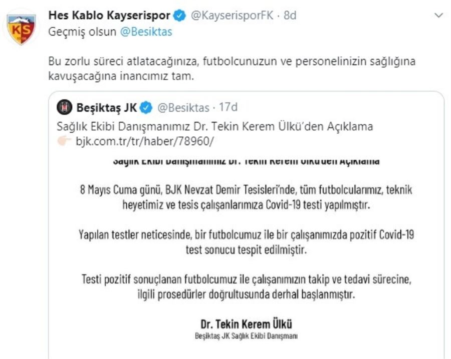 Kayserispor’dan Beşiktaş’a geçmiş olsun 