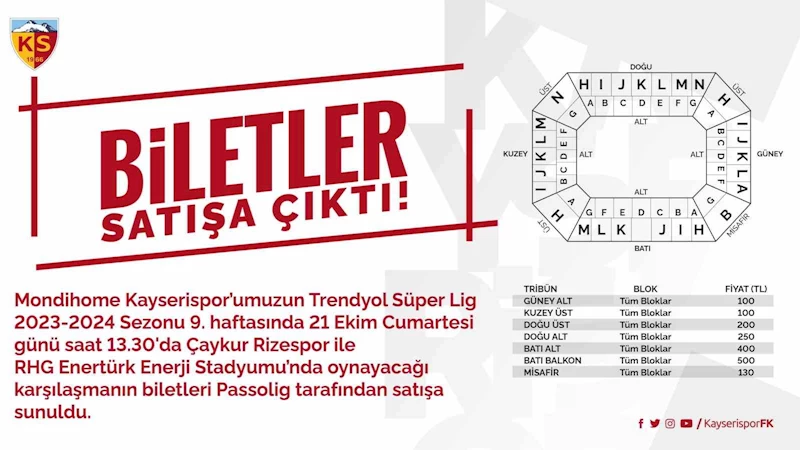 Kayserispor - Çaykur Rizespor maçı biletleri satışa çıkarıldı
