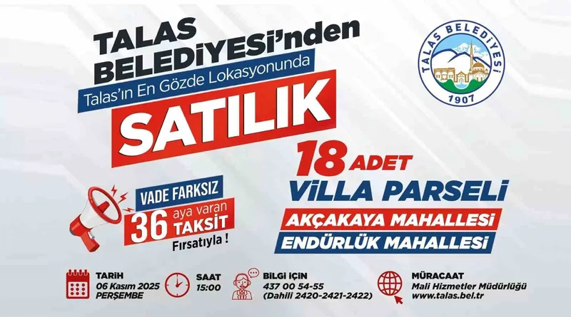 Talas Belediyesi’nden gözde lokasyonlarda villa parseli fırsatı
