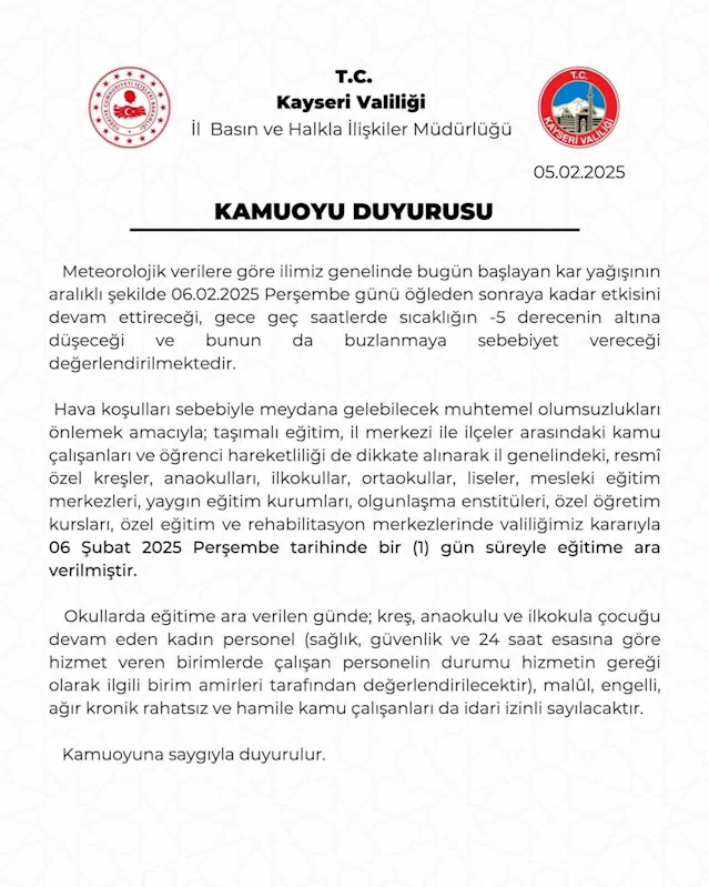 Kayseri’de eğitime kar engeli
