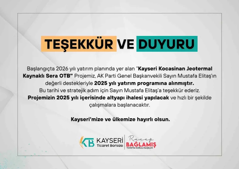 Kayseri Kocasinan Jeotermal Kaynaklı Sera OTB Projesi 2025 yatırım programına alındı

