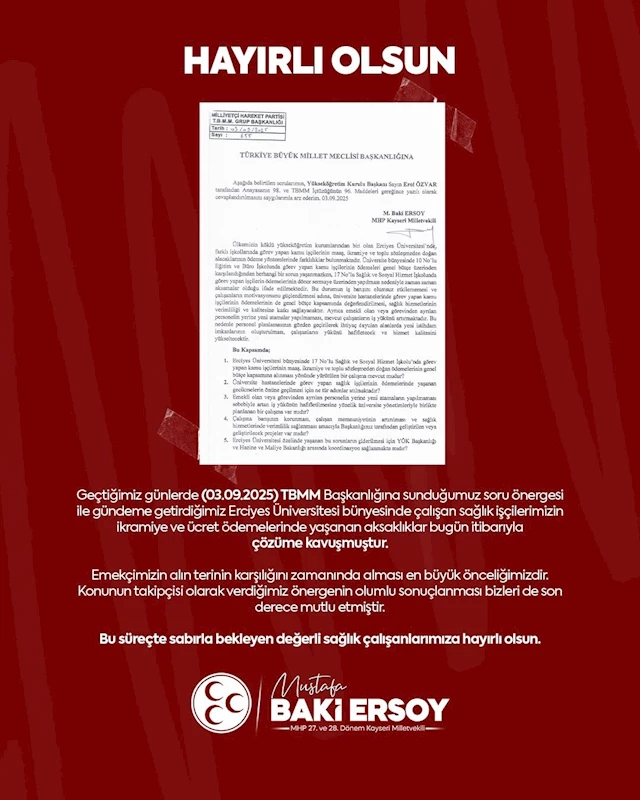 Milletvekili Ersoy’dan sağlık işçilerine müjde
